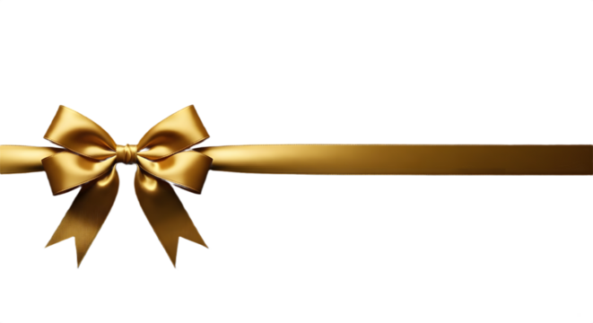 Golden gift ribbon with a bow tied in the center, horizontal layout. Isolated on transparent background, png