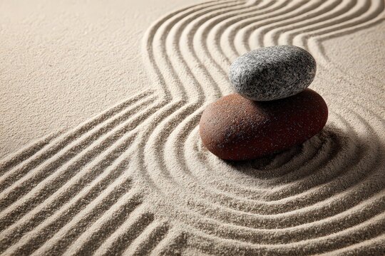 Zen Garden with Smooth Brown and Gray Stones Resting on Rippled White Sand Background with Textured Patterns and Soft Lighting for Relaxation and Tranquility