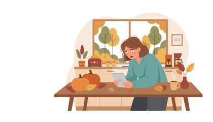 Upset woman reads bad news on a tablet in an autumnal kitchen Stress digital communication concept