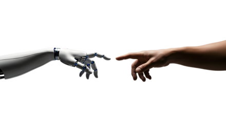Robot and human hands about to touch, a modern Creation of Adam concept. Isolated on transparent background, png