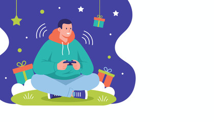 Young man playing video game with controller surrounded by rewards and gifts in a creative illustration