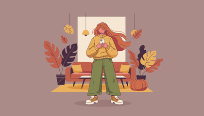 Stylish woman using a smartphone in a cozy autumn living room Flat vector illustration