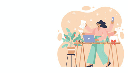 Busy woman multitasking balancing heavy work and holiday preparation in a festive office setting