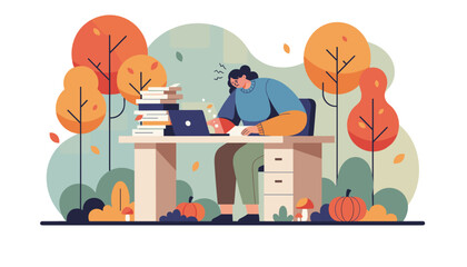 Overworked woman studying outdoors in autumn Stress burnout and tight deadlines concept