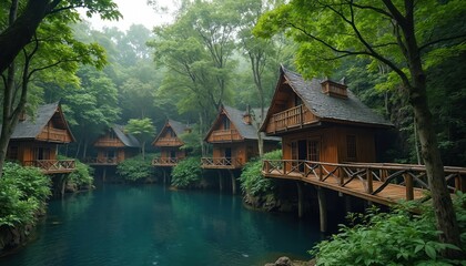 Fototapeta premium Wooden houses stand on stilts over calm blue water. Rich green forest surrounds unique architecture. Rustic bridges connect serene village, ideal for peaceful eco friendly retreat vacation.