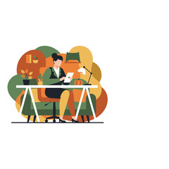 Professional woman working in a cozy autumnthemed home office using a tablet