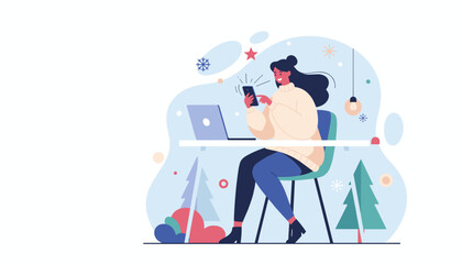 Woman chatting online with smartphone and laptop enjoying remote work during winter holidays