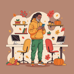 Man using phone in cozy autumn home office setting Remote work and fall lifestyle illustration