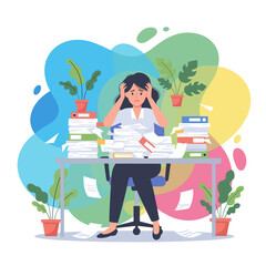 Overwhelmed worker stressed by excessive workload and bureaucracy in the office