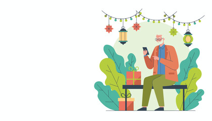 Senior man uses smartphone near gifts and festive lanterns enjoying digital connection during holidays