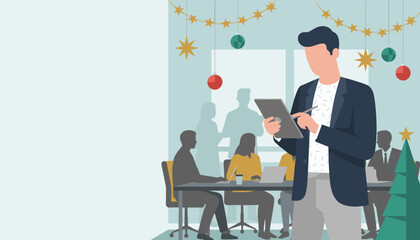 Professional working on tablet in festive office Holiday business concept