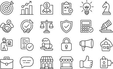 Business and Finance Icon Set Black and White Line Art Collection for Web Design and Applications