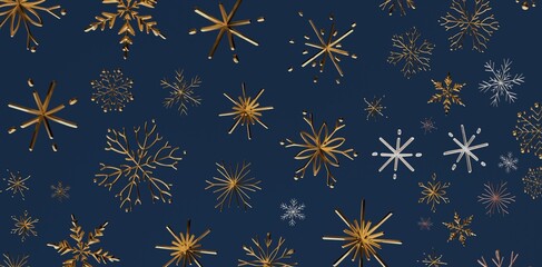 Sophisticated background featuring decorative golden snowflakes on a deep blue backdrop, ideal for Christmas or winter themes. Perfect for seaso