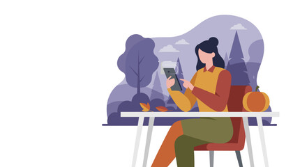 Woman using a smartphone at a table in a stylized autumn park Fall connectivity and communication concept