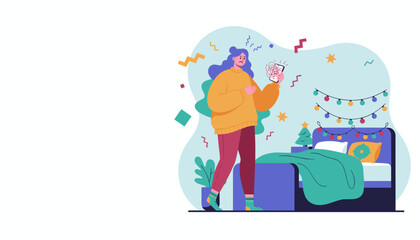 Stressed woman holding phone with tangled lines representing anxiety and mental confusion at home