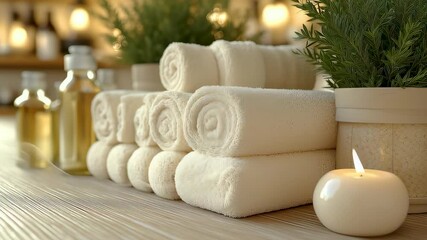 Spa Serenity: A captivating shot of rolled spa towels and aromatherapy oils, artfully arranged with potted plants and a candle, exuding a sense of relaxation and wellness. - Powered by Adobe