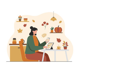 Cozy fall remote work Woman using tablet and smartphone amidst autumn decorations