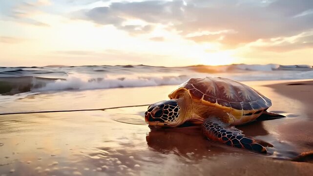 A closeup shot of a sea turtle on a beach during sunset. The turtle is captured in a side profile, with its head turned slightly towards the camera, revealing its detailed shell and flippers.