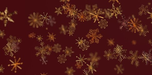 Elegant abstract wallpaper featuring shimmering gold snowflakes over a deep burgundy background. Perfect for Christmas, winter holiday designs,