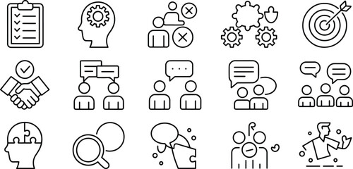 Business Solutions and Growth Strategy Linear Icons Set Depicting Teamwork Problem Solving and Target Achievement for Success