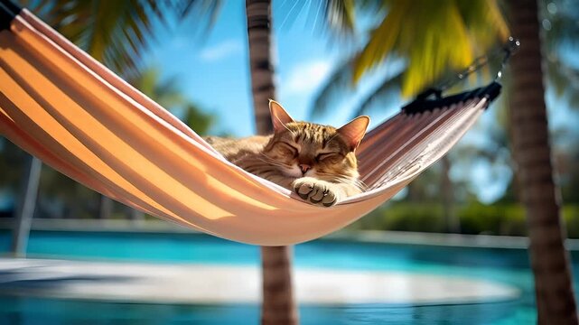A relaxed cat rests in a hammock by a poolside setting, with a clear blue sky overhead. The hammocks orange and white stripes contrast with the cats fur.