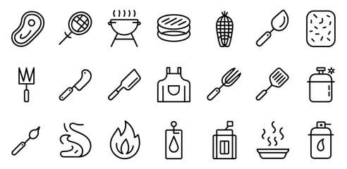 Barbecue and grilling icon set in minimalist line art style illustration for website or app design and cooking blog