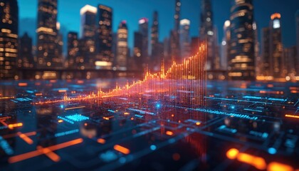 Fototapeta premium Digital city landscape with glowing orange stock chart on circuit board. Futuristic finance data analysis and business growth on urban background at night. Abstract tech concept.