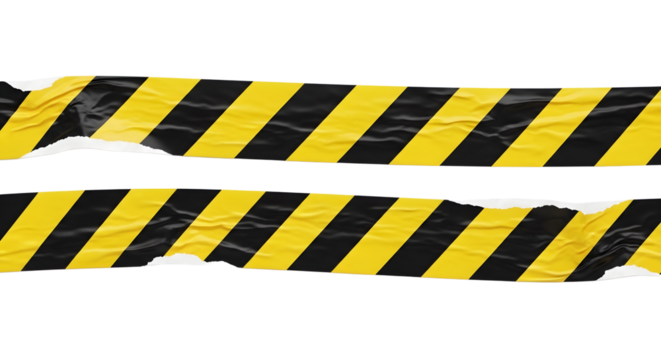 Two strips of wrinkled yellow and black striped caution tape for restricted areas. Isolated on transparent background, png�