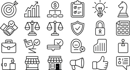 Business and Finance Icon Set Symbolizing Growth Strategy and Success in Various Domains Like Law Marketing and Security