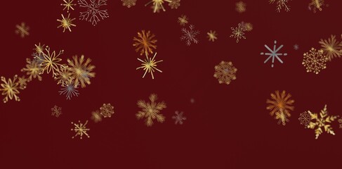 Stunning abstract image features ornate golden snowflakes dancing against a rich burgundy backdrop, ideal for Christmas or winter hol
