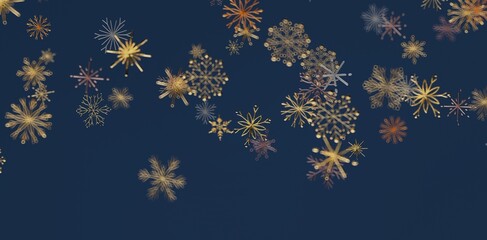 Elegant abstract design featuring delicate golden snowflakes gracefully falling against a deep blue backdrop. Perfect for seasonal gr