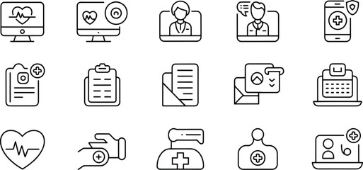Collection of Healthcare and Medical Icons Representing Telemedicine Online Appointments and Patient Records