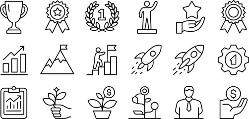 Business success and achievement outline icons set representing growth targets rewards and financial gain with minimalist design style