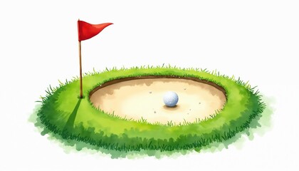 Watercolor style illustration of a golf sand bunker with a red flag. A golf ball sits in the sand pit. Design element for sport and recreation themes. Leisure activity concept graphic.