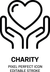 Charity icon showing heart in hands represents giving love and support for healthcare donations and community development with care