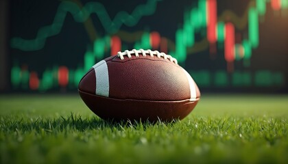 Football on green grass field with financial chart background. This photo represents sports betting concept finance and investment. Illustration for gambling or market analysis.