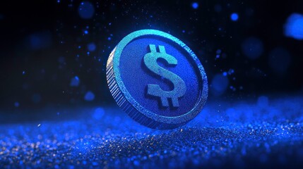 Floating blue dollar coin on a dark surface
