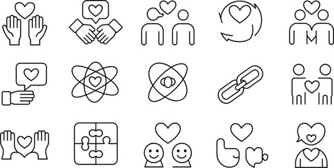 Icons set for love connection togetherness empathy and collaboration in thin line art style for website or social media design