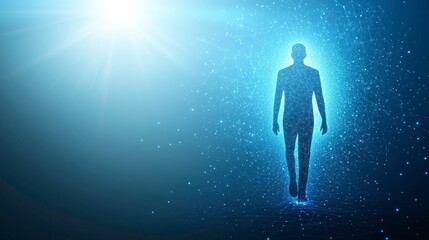 Abstract digital illustration of a person walking, illuminated by light