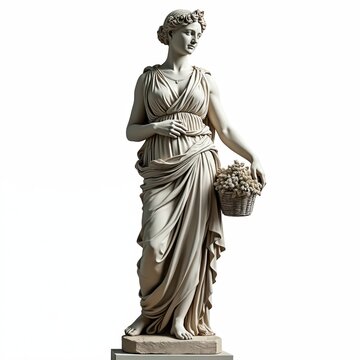 Marble statue of Roman goddess Ceres Greek Demeter holding basket of grain. Isolated ancient sculpture on white background for graphic design. Woman figure symbol of agriculture, fertility, harvest,