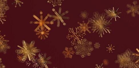 Abstract design of golden snowflakes against a maroon background, perfect for winter and Christmas themes. Ideal for festive backgrounds and hol