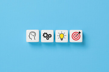 Business process management and action plan concept on a blue background, strategy concept on dice