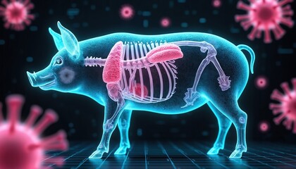 Digital rendering of translucent pig shows internal anatomy, vital organs, skeleton. Red virus particles surround animal, signifying infection, disease spreading. Image represents porcine health,