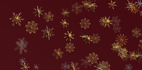 Festive abstract background of golden snowflake ornaments on a rich burgundy backdrop, ideal for holiday designs and winter celebrations.