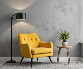 modern living room with a yellow chair