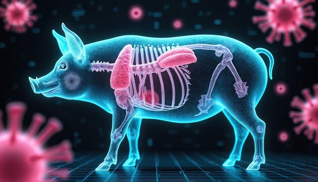Digital rendering of translucent pig shows internal anatomy, vital organs, skeleton. Red virus particles surround animal, signifying infection, disease spreading. Image represents porcine health, - Powered by Adobe