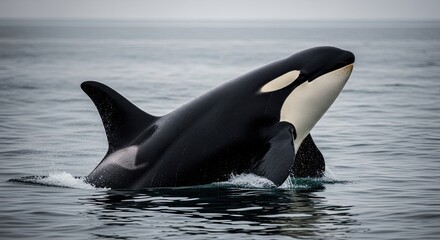 Fototapeta premium Majestic Orca Breaching the Ocean Surface - A Stunning Marine Encounter.