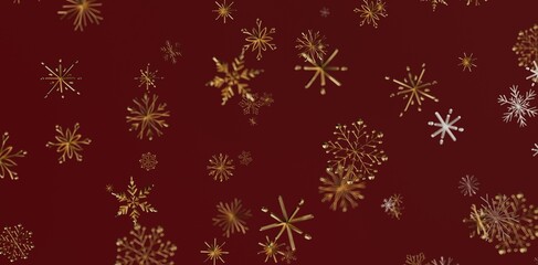 Festive background with golden snowflakes against a rich red backdrop perfect for winter holiday designs and celebrations. Christmas or New Year