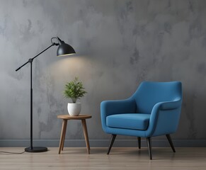 modern living room with a blue chair