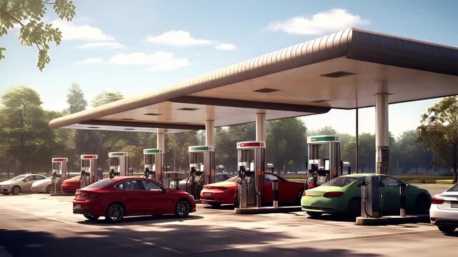 A detailed rendering of a modern gas station with a curved roof and multiple fuel pumps. The station is surrounded by a parking lot with cars parked in it.